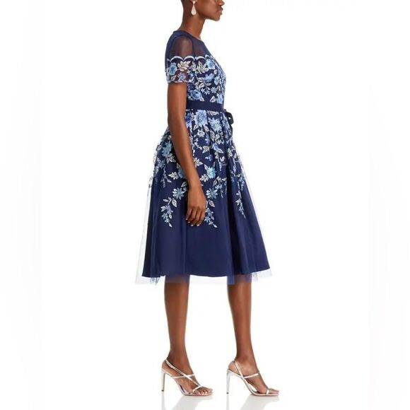 NWT Eliza J | Navy Blue Floral Illusion Neck Embroidered Cocktail Dress 4P - Picture 2 of 13